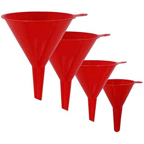 KongNai 4 Pieces Plastic Funnel Set for Kitchen and Automotive Use, Mini, Small, Medium and Large Funnel for Filling Bottles, Canning, Cooking, Lab or Car Oil Funnels (Red) Cover