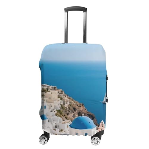 Santorini Greek Island Sea View Elastic Luggage Cover Suitcase Protector for 19-32 Inch Suitcases | Universal Stretchable Travel Bag Cover | Anti-Scratch, Washable with Zipper Closure S