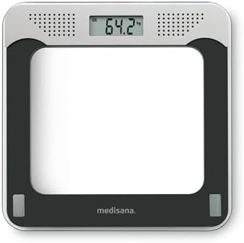 medisana PS 425 Báscula habladora, Báscula digital de cristal precisa, 4 idiomas, Función de apagado automático integrada, Negro/Gris, hasta 180 kg