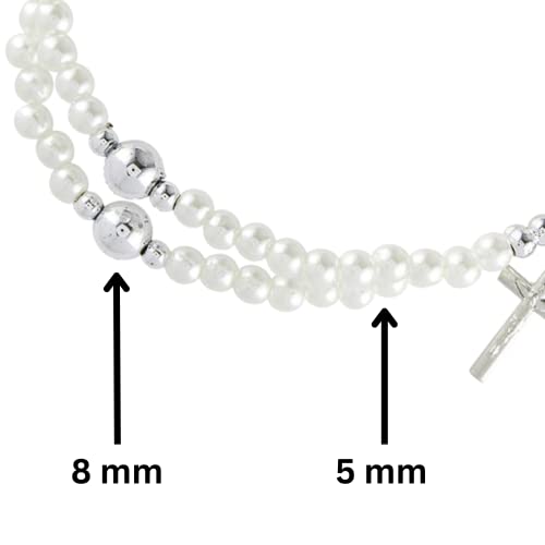 Image of Needzo First Communion Imitation Pearl Rosary Bracelet with Cross and Chalice Charms, Baptism Jewelry Gift, One Size Fits Most