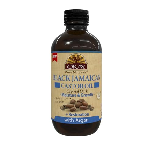 OKAY Pure Naturals Black Jamaican Castor Oil with Argan Oil - Castor for Hair Health, Moisture for Skin, Face, Scalp, Eyelashes, Eyebrows, for Men & Women - 4 Fl Oz Glass Bottle (1 Pack)
