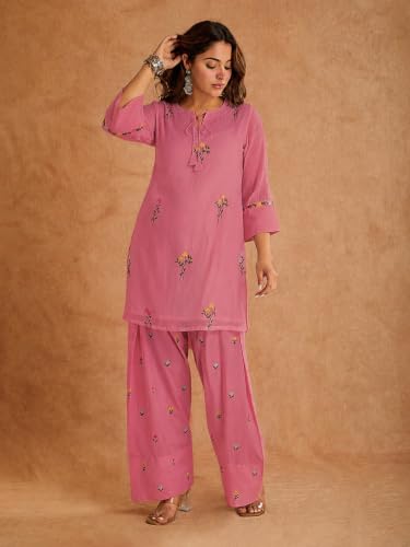 Image of ANNI Designer Farshi Salwar Suit for Women Viscose Embroidered | Co Ord Set for Woman | Straight Kurta Palazzo Outfit Round Neck V Slit 3 /4 Sleeve Ethnic Dress Womens Clothing