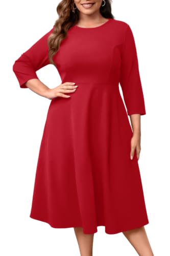 Image of Runwind Women's Plus Size Midi Dress Classy High Waist Wedding Guest Dress Casual Crew Neck 3 /4 Sleeve A-Line Swing Dresses