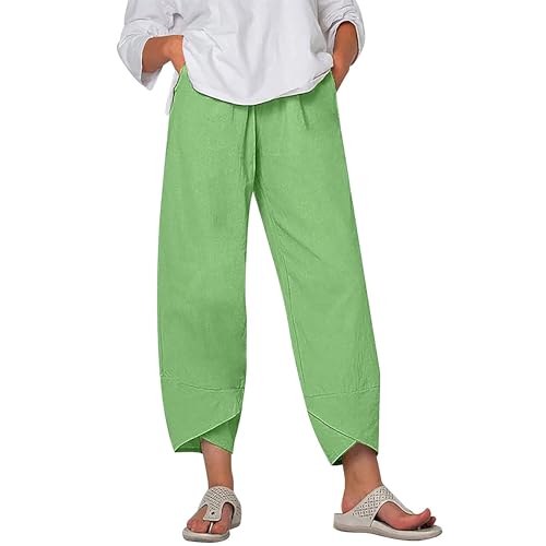 Women's Cotton Linen Pants Summer 2025 Casual Capri Pants with Pockets Cropped High Waisted Comfy Baggy Trousers