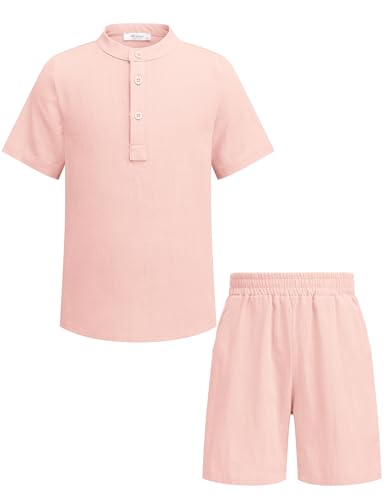 Arshiner Boy's 2 Pieces Linen Set Casual Henley Shirts Short Sleeve Beach Shorts Summer Shorts Outfits