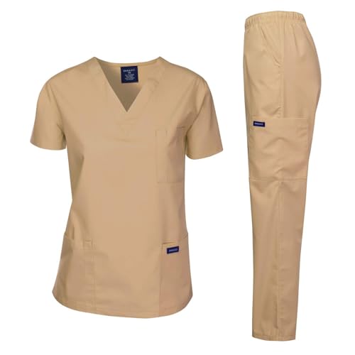 Dagacci Medical Uniform Womens and Mens Scrub Set Unisex Medical Scrub Shirt Top and Pant, Khaki, Medium, Short Sleeve