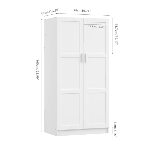 Panana Modern 2 Door Wardrobe Bedroom Armoires Closet Clothing Storage Cupboard with 2 Shelves & Hanging Rod for Bedroom (White) - Image 4