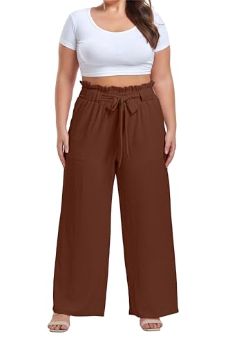 Image of OLRIK Women's Plus Size Pants Adjustable High Waisted Wide Leg Palazzo Pants Casual Trousers with Pockets Spring Clothes