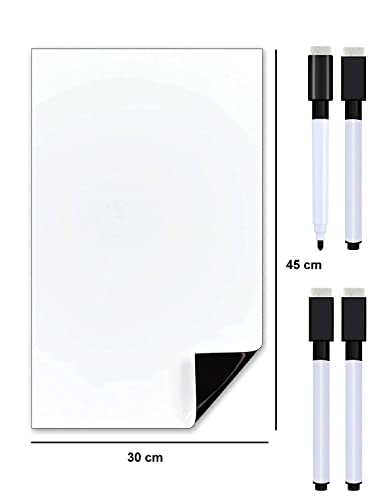 Image of Awestuffs Magnetic Dry Erase Whiteboard Sheet for Refrigerator - Stain Resistant Whiteboard Sheet - with 4 Markers and Eraser - [45 x 30 cm] [Made in India] (Plain White) (Large)