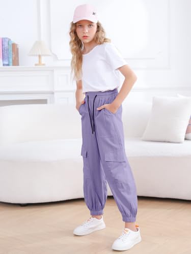 Girls Cargo Pants Elastic Waist Casual Jogger Pants for Girls Streetwear Loose Parachute with Pockets 7-14Years
