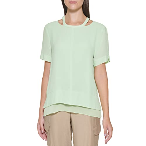 Dkny Womens S/S Cut Out Neck Top W/Chiffon Hem, Lazer, Small Us #TOP14