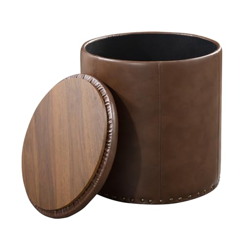 Adeco Brown Upholstered Round Faux Leather Storage Ottoman with Tray Lid | Tufted Foot Rest Ottoman for Living Room & Bedroom | Decorative Home Furniture