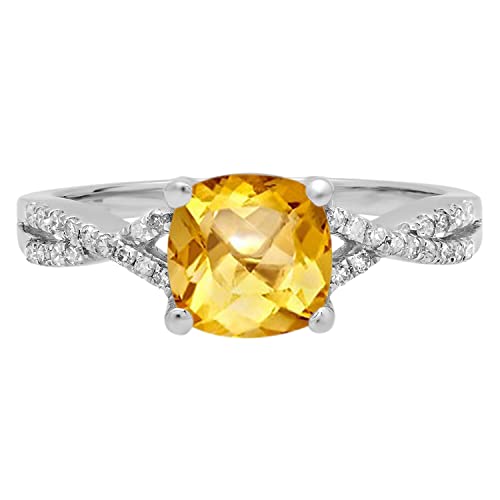Dazzlingrock Collection 7Mm Cushion Citrine & Round White Diamond Swirl Crisscross Split Shank Engagement Ring For Women | 14K White Gold, Size 7 #TOP1
