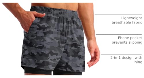 Image of Pudolla Men's 2 in 1 Running Shorts 5 inch Quick Dry Gym Athletic Workout Shorts for Men with Phone Pockets