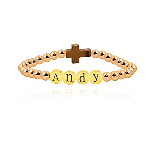 Image of Uloveido Black Agate Side Cross Bracelet Mustard Seed Charms, Personalized Letter A-Z Tiger's Eye Bangle Y944