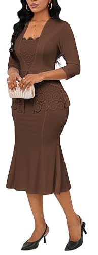 Image of Elegant Brown Church Dress for Women Short Sleeve Midi Dress Work Wear Vintage Pencil Dress for Business Casual Outfits