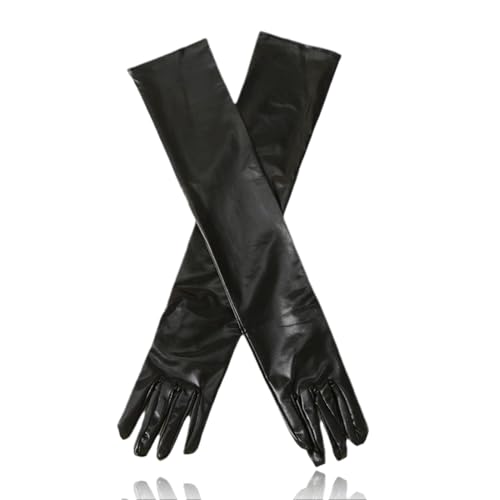 KWKPR Damen Lange Look Leder-Optik Handschuhe Abendhandschuhe, Lange Schwarze, Damen Elegant Handschuhe, für Halloweenkarneval Party Ball Opera Abschlussfeiern Hochzeiten