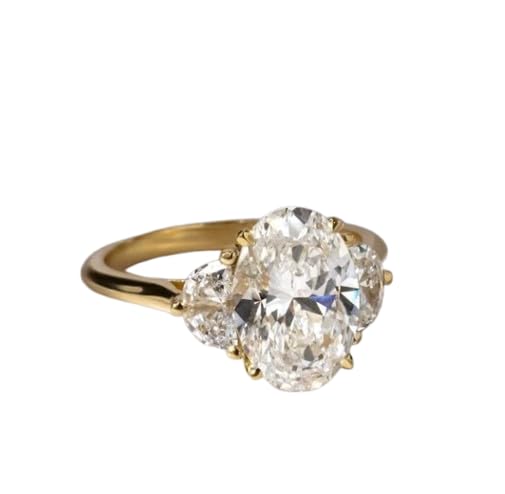 2.50 CT Oval Cut Diamond Engagement Ring, Three Stone Engagement Ring, Side Half Moon Lab Diamonds, 14k Solid Yellow Gold Plated Diamond Ring,Gifted Ring For Her,size 3-12.