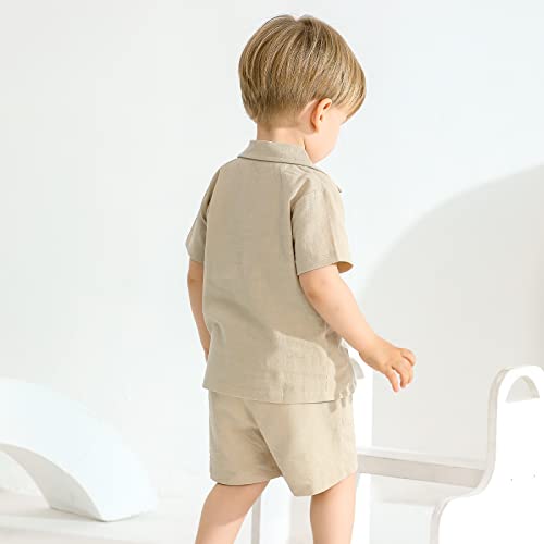 Baby Boy Clothes Set Toddler Summer Outfit Cotton Linen Short Sleeve T-Shirt Tops Pocket Button-Down Shirt Shorts Set Khaki #TOP4