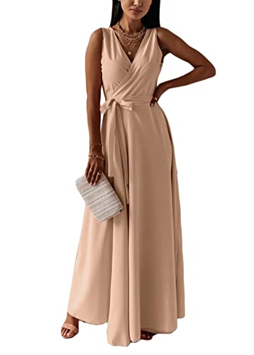 Tomwell Damen Cocktailkleid Maxikleid Abend Party Kleid Elegant Frauen Bodenlang Abendkleider Side Split Ballkleid Wickelkleid C Khaki XL