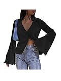 LYANER Women's Deep V Neck Button Front Bell Long Sleeve Blouse Shirt Tops Black Medium
