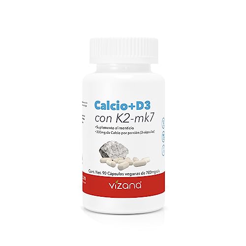 VIZANA NUTRITION | Citrato de Calcio en Cápsulas HPMC Vegetarianas (90 Caps-700 mg), adicionado con Vitamina D3 y Vitamina K2-mk7, Origen Citrato: Alemania