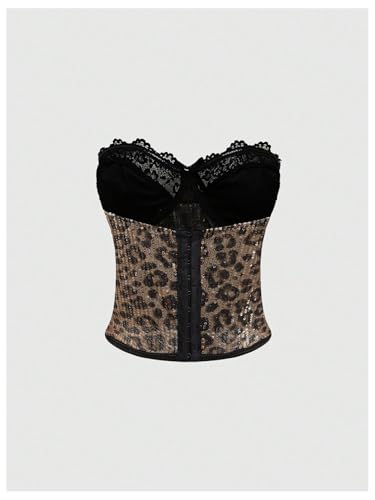 SweatyRocks Women's Sparkly Sequin Lace Corset Tops Leopard Print Strapless Y2K Tube Top Streetwear2