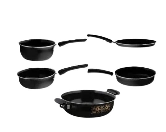 5 Piece Cast Iron Induction Non Stick Cookware Set Kadai Fry Pan Tawa Saucepan Tadka Pan Kitchen Durable Use Black Free Size-image-14