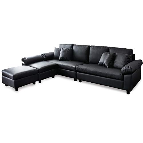 アイリスプラザ ソファ 4人掛け カウチソファ レザー ゆったりサイズ クッション4個付き レイアウト自在 幅245㎝ ブラック CSTF-2580