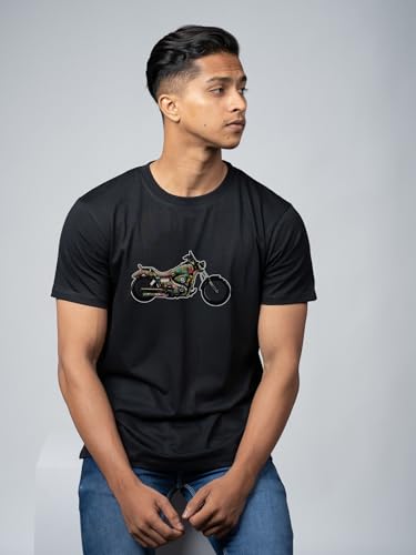 Image of T-Shirt for Men - 100% Cotton Ladakh Motorcycle Rider Half Sleeve Round Neck Graphic Print | Regular & Oversized Fit | 180 /220 GSM | S-5XL | Black, Navy Blue, Olive, Red, White