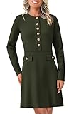 BTFBM Women Fall Dresses 2025 Casual Long Sleeve Bodycon Sweater Dress Decorative Button Formal Mini Dresses(Solid Army Green,XX-Large)