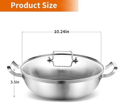 Delarlo Tri-Ply Stainless Steel 11 inch Everyday Pan with Lid, Kitchen Induction Deep Saute Pan,shabu shabu pot High Side Cooking Pot 3.5QT, Oven Safe Stock Pot, Up to 600℉