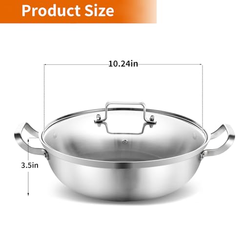 Delarlo Tri-Ply Stainless Steel 11 inch Everyday Pan with Lid, Kitchen Induction Deep Saute Pan,shabu shabu pot High Side Cooking Pot 3.5QT, Oven Safe Stock Pot, Up to 600℉