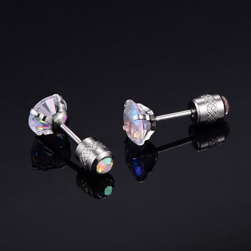 5 Pairs 316L Stainless Steel Screw Flat Back Earrings Cubic Zirconia Stud Earrings Titanium Earrings for Women Men4