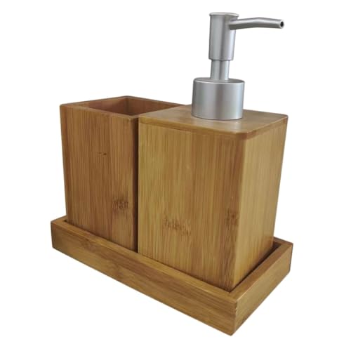 PRETYZOOM Accesorios Baño de Bambú con Dispensador Loción Porta Cepillos Dientes y Vaso Enjuague Multifuncional Contenedor Shampoo y Gel Compacto para Encimera Diseño Ergonómico y Duradero