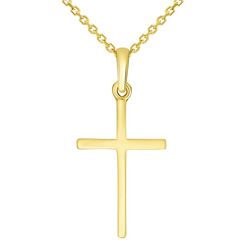 Jewelry America 14K Solid Yellow Gold Classic Small Religious Cross Charm Pendant With Cable Chain Necklace, 18" #TOP20