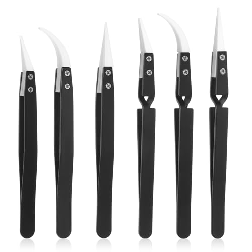 6 Pcs Precision Reverse Ceramic Tweezers Black Non-Conductive Solder Tweezer Anti-Magnetic Pointed...