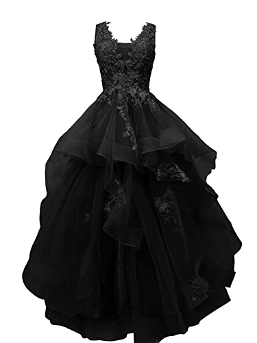 ANGELWARDROBE Princess Prom Dresses for Women Puffy Ball Gowns Long Formal V-Neck Evening Dress Lace Applique Black Size 12