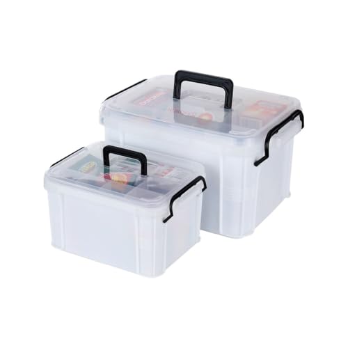 Image of HEY FOLY Set of 2 White Medicine Organizer Storage Box with Tray, 15qt+5qt Plastic First Aid Box Empty, Thickened Medicine Container Chest, Multipurpose Medical Case with Labels, White Medicine Caddy