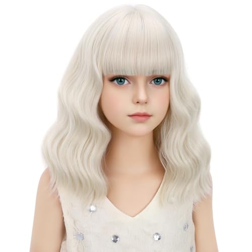 Image of kids White Blonde Wig Girls Short Light Blonde Wavy Curly Wigs Child Wig with Air Bangs Synthetic Cosplay Hair Wigs