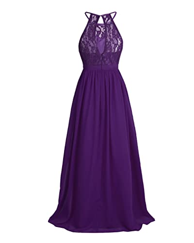 Sholeno Kids Princess Long Flower Girls Lace Dress Halter Neck Chiffon Formal Wedding Bridesmaid Party Gown Deep Purple 8 Years4
