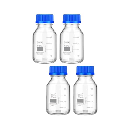 Image of Borosilicate Glass reagent bottle 50ml with leak proof Blue Screw Cap pack of 4 for glassware wide mouth chemical bottles for lab, laboratory, kitchen and professional use