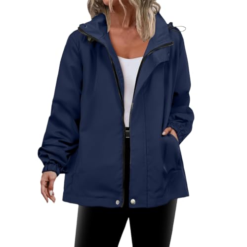 XOLTOAN Ladies Waterproof Jackets Packable Waterproof Jacket Windproof Outerwear Long Sleeve Showerproof Windbreaker Long Sleeve Zip Up Sporty Dark