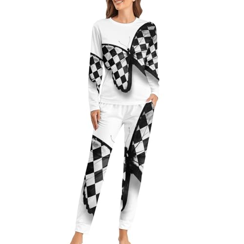 Pyjama femme papillon en plaid avec t-shirt manches longues et pantalon homewear
