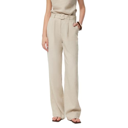 Linen Pants Women for Beach Vacation Casual High Waist Wide Leg Summer Palazzo Pants for Women with Pockets and Belt