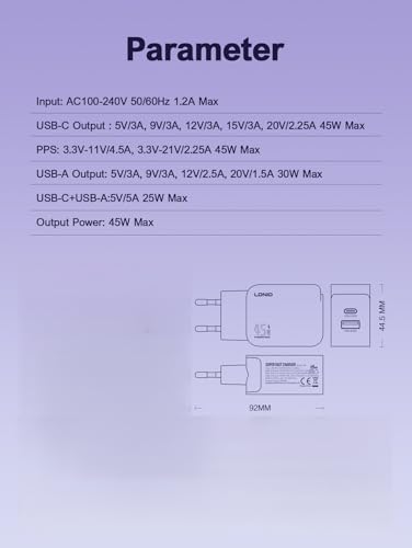 LDNIO Charger 45W USB-A+USB-C Super Fast Charger Support PD3.0/PPS/QC4+/QC3.0 Compatible with Xiaomi Samsung s21 ultra/s22 ultra/s23 ultra/s24 ultra/s25 ultra/note 10 plus/note 20 ultra (Black)