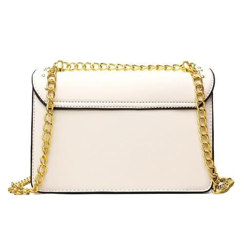 Image of Diva Dale MKF Crossbody Bag, White with Gold Chain Strap, Studded Design, Signature Logo