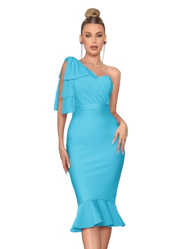 Image of Mesh One Shoulder Bow Midi Dress Fishtail Bandage Cocktail Party Wedding Bridesmaid Evening Gown