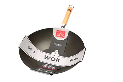 School of Wok - 13/33cm Pre-Seasoned Carbon Steel Round Bottom Wok with Bamboo Handle