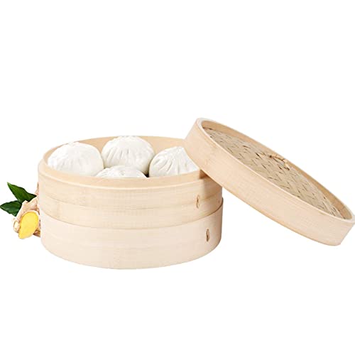 PIAOLING Cesta de Vapor de bambú, Cesta de Vapor China de 2 Niveles con Tapa, Comida, arroz, Verduras, Bollos Dim Sum, Pollo, Carne, mariscos, vaporera para Bolas de Masa hervida
